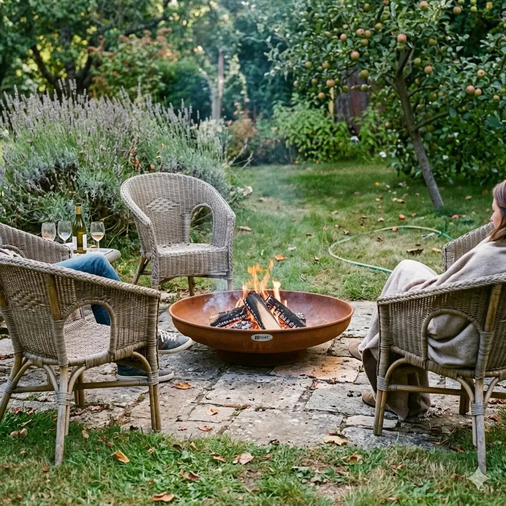 Brasero acier rouillé rond Ø90 cm sur anneau – CLASSIC