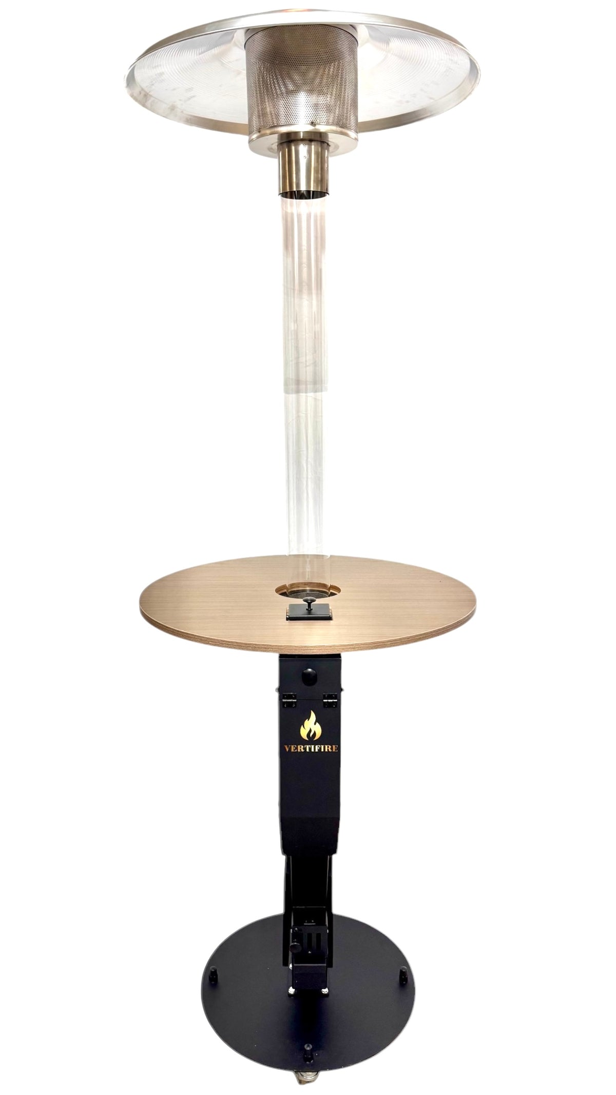 Chauffage de terrasse à pellets Vertifire 220 avec table — photo sur fond blanc