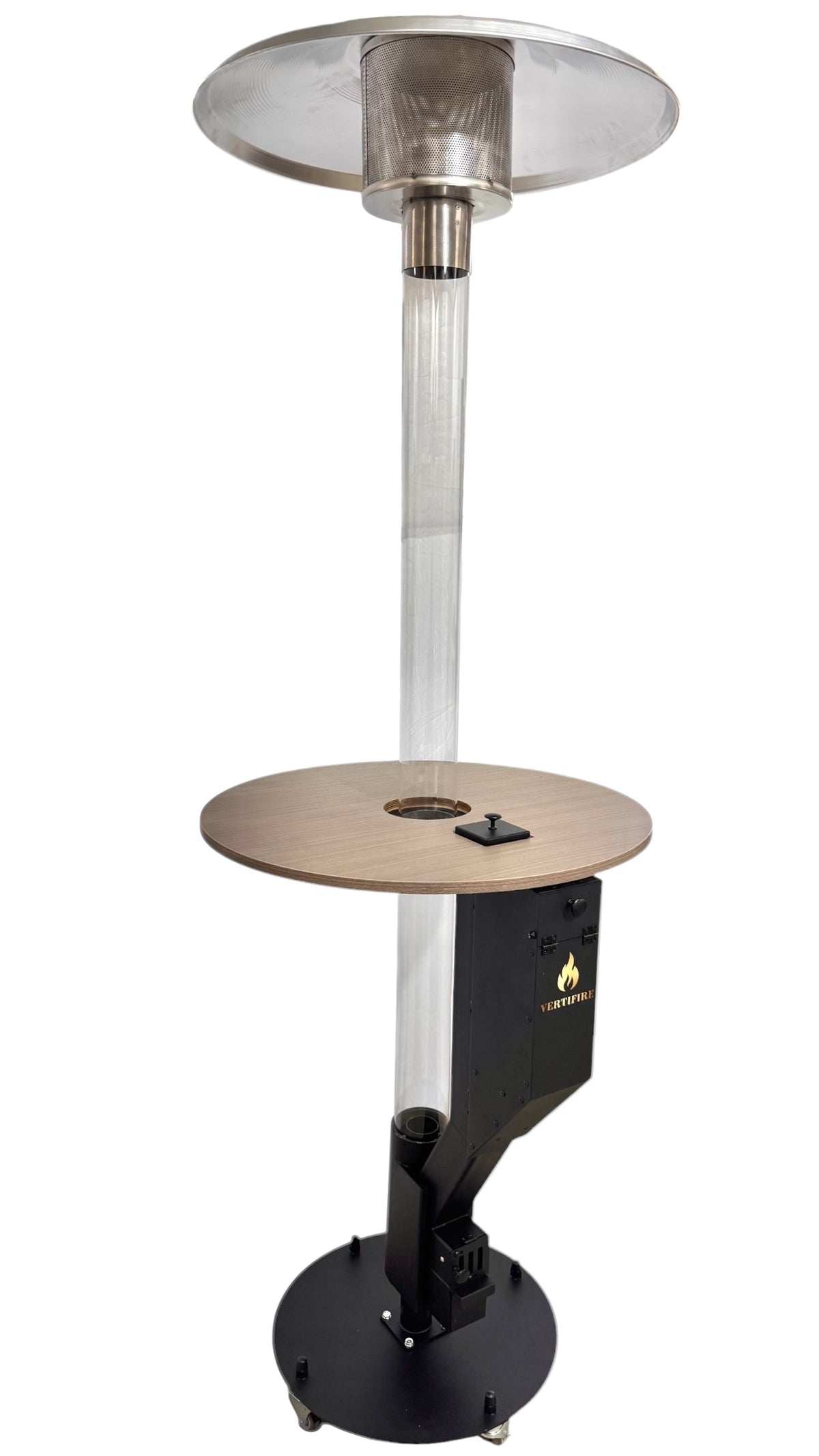 Chauffage de terrasse à pellets Vertifire 220 avec table — photo sur fond blanc