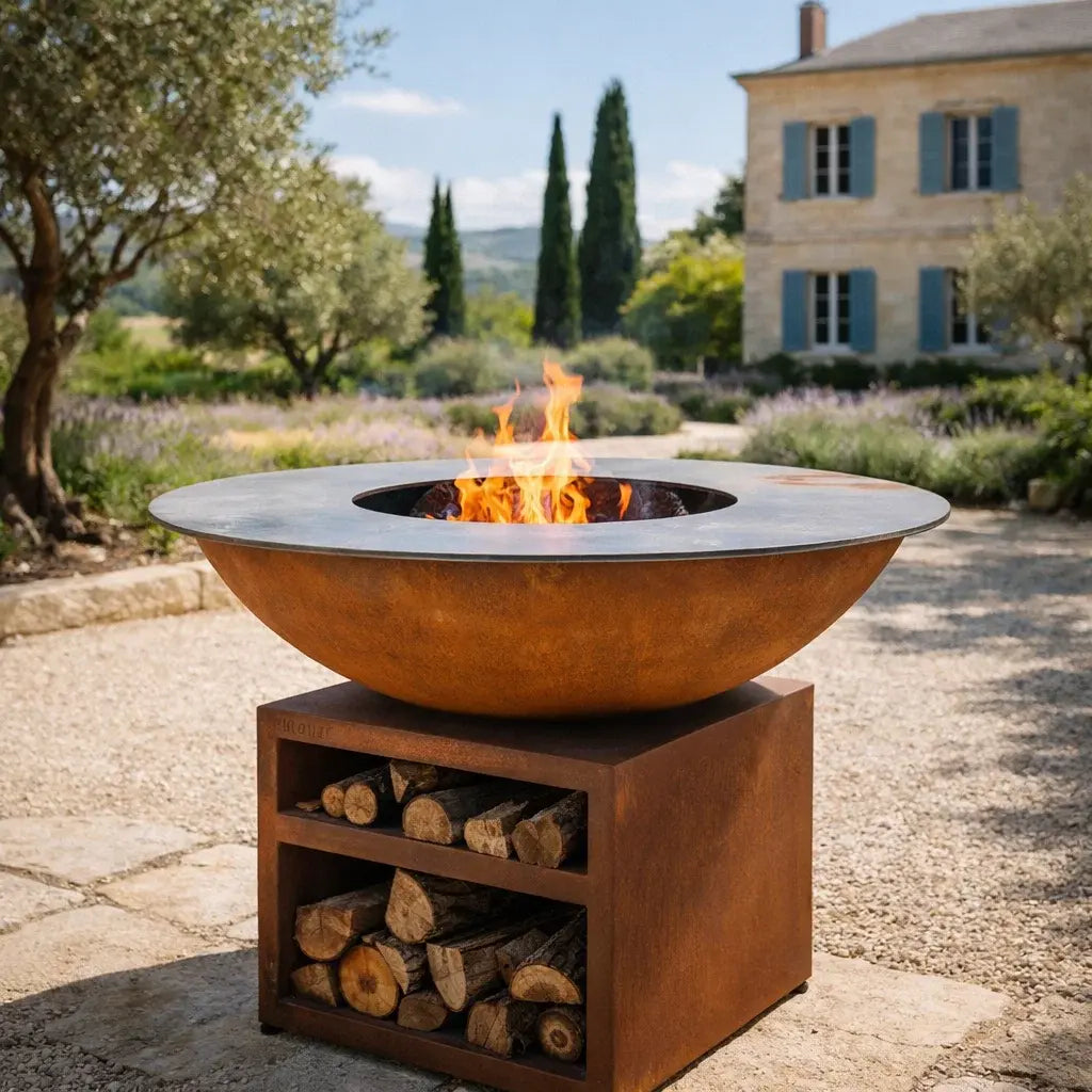 Plancha brasero acier Corten rond Ø130 cm – PIATTO PRO XL dans un jardin