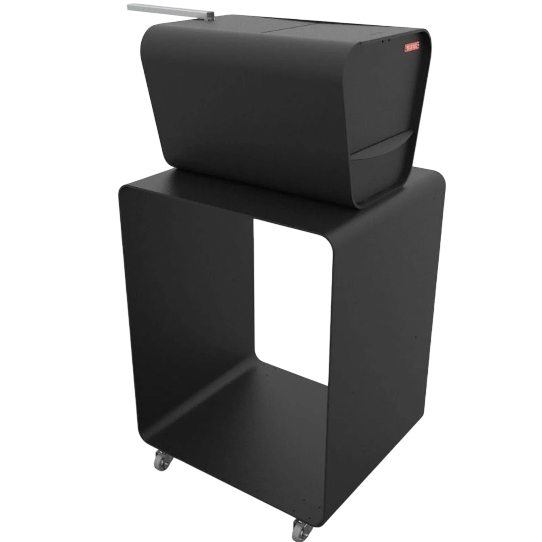 Chariot roulante noire avec design à découpe carrée et compartiment de rangement.