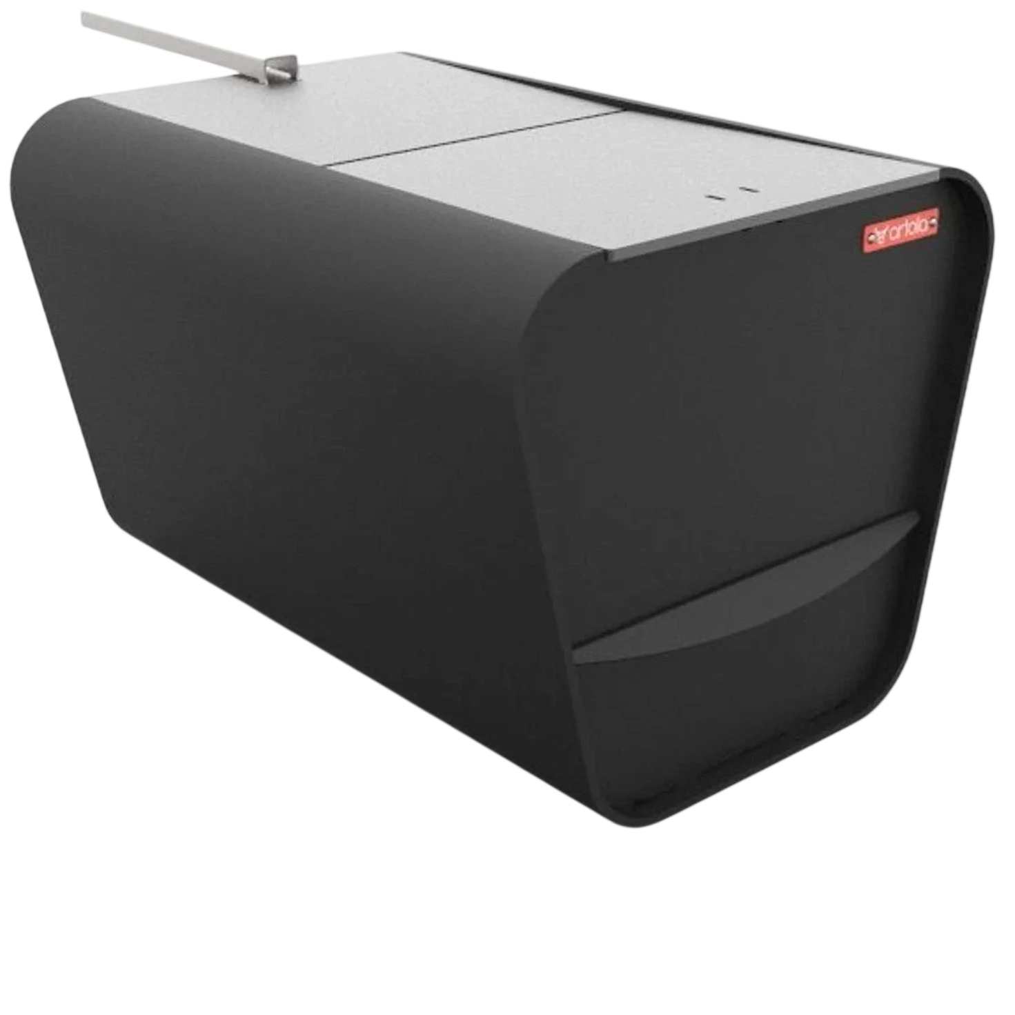 Haut-parleur rectangulaire noir avec des accents argentés et un design élégant.