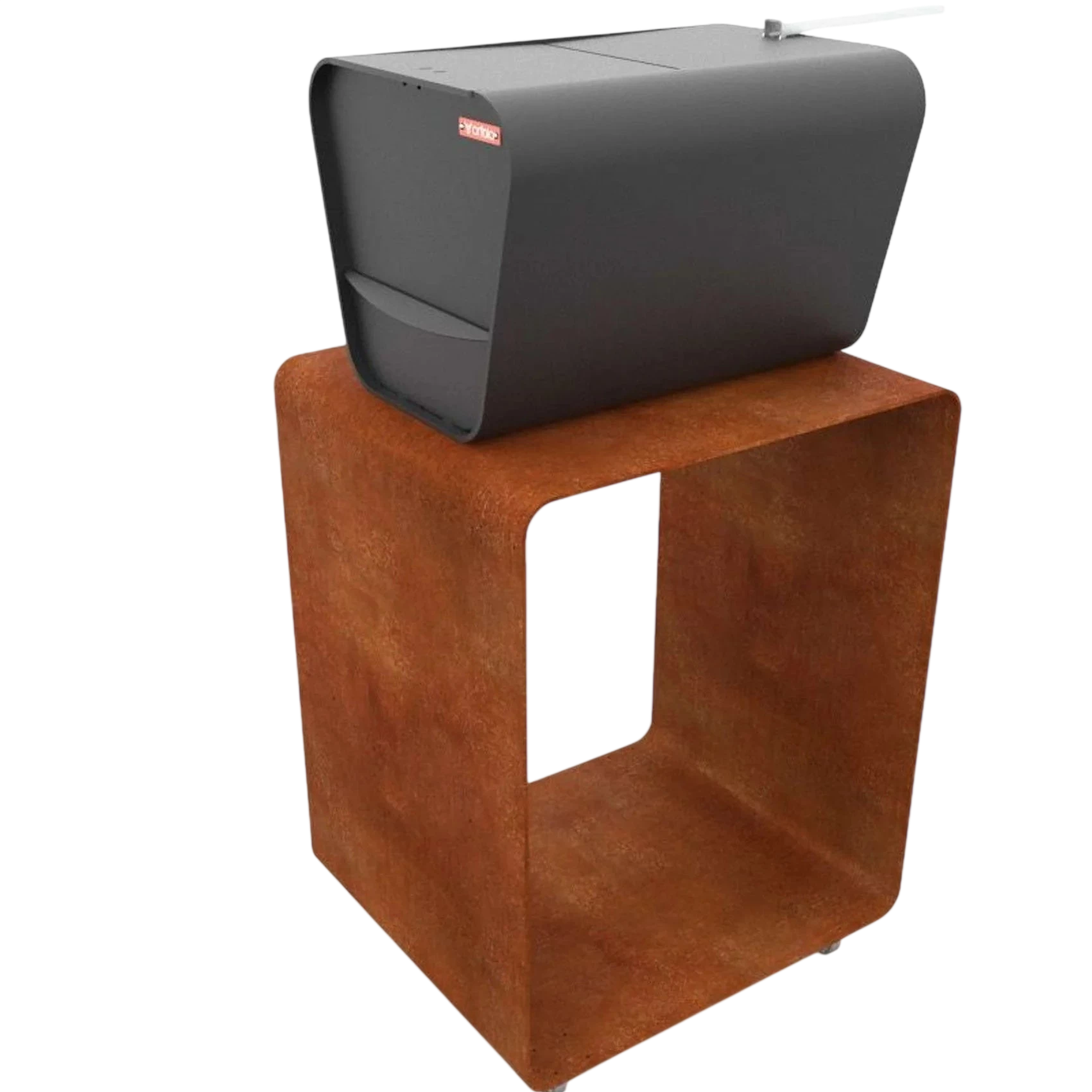 Table d’appoint cube en acier Corten avec plateau noir et rangement intégré.