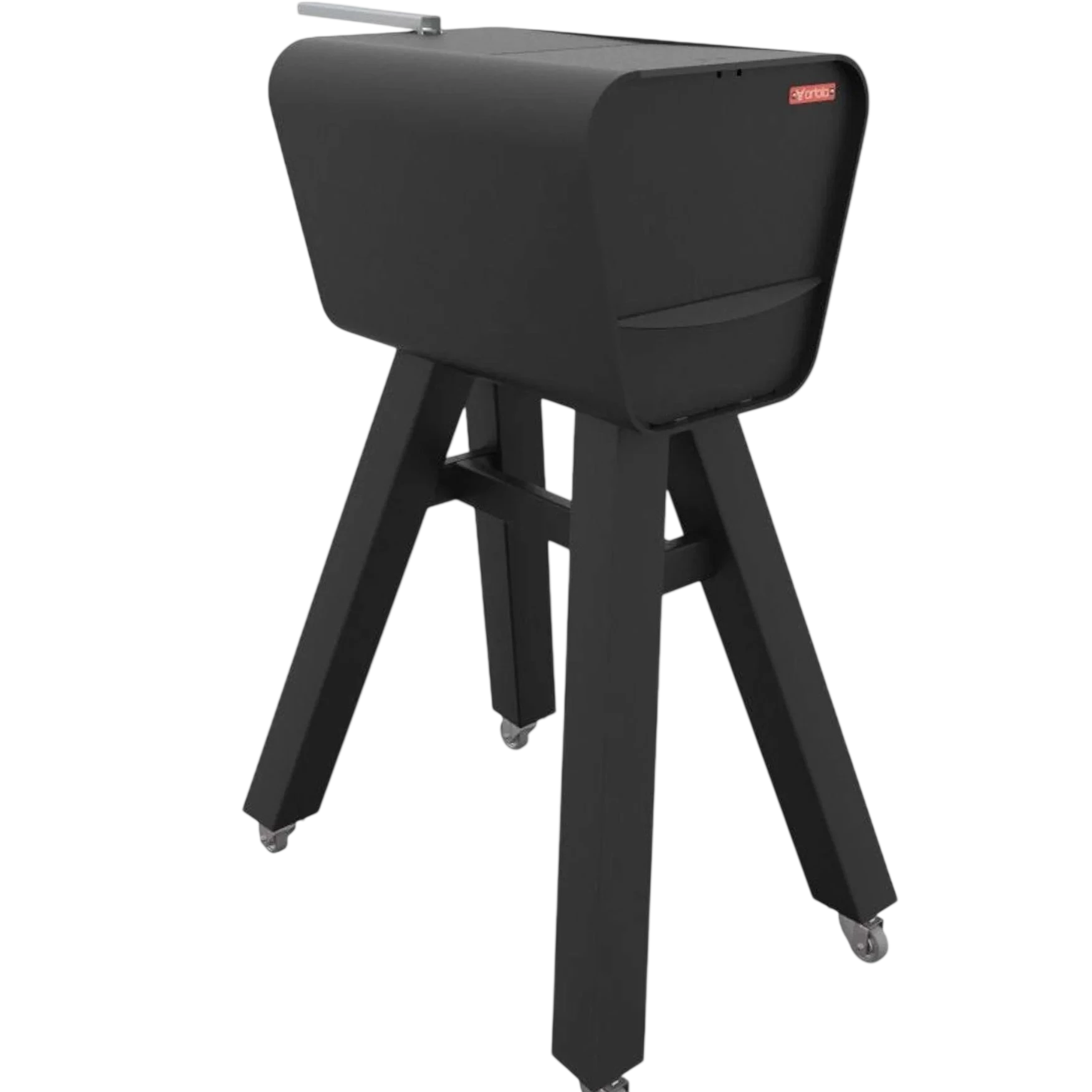Tabouret moderne noir avec roues et dossier, probablement fabriqué en plastique ou en métal.