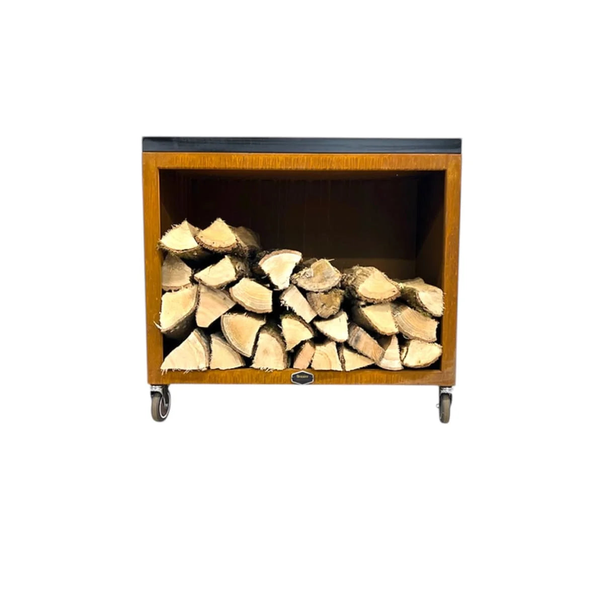 Billot de boucher brasero acier Corten 90 cm sur roulettes en bois