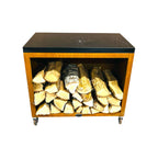 Billot de boucher brasero acier Corten 90 cm sur roulettes en bois avec toiture noire