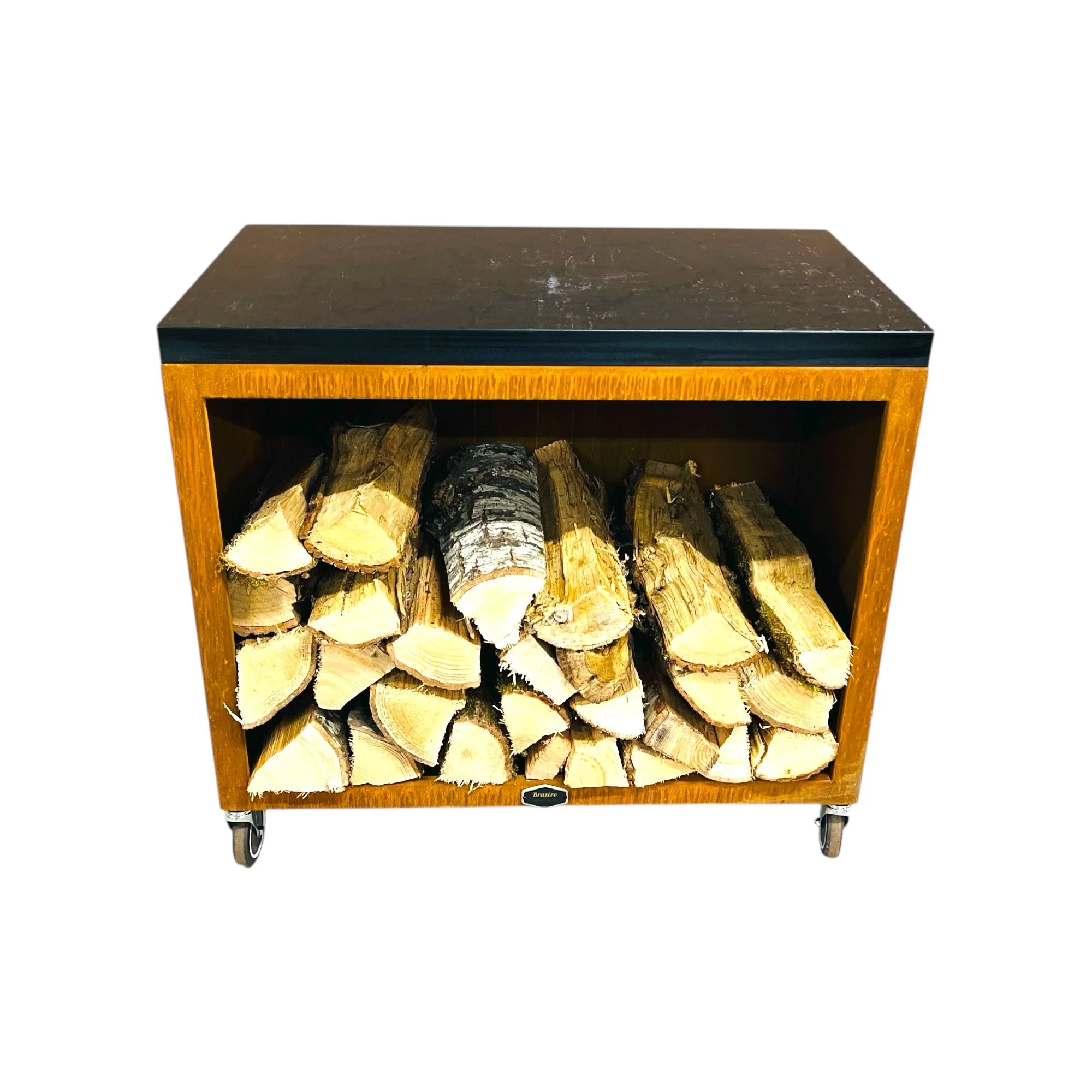 Billot de boucher brasero acier Corten 90 cm sur roulettes en bois avec toiture noire