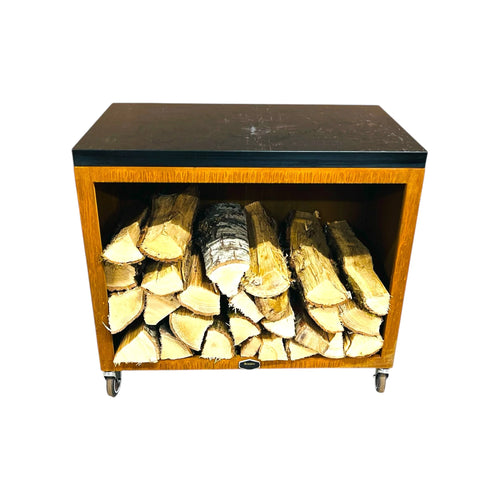 Billot de boucher brasero acier Corten 90 cm sur roulettes en bois avec toiture noire