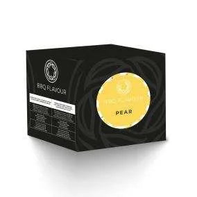 Boîte noire avec design circulaire jaune et texte « pear », probablement un emballage de produit.