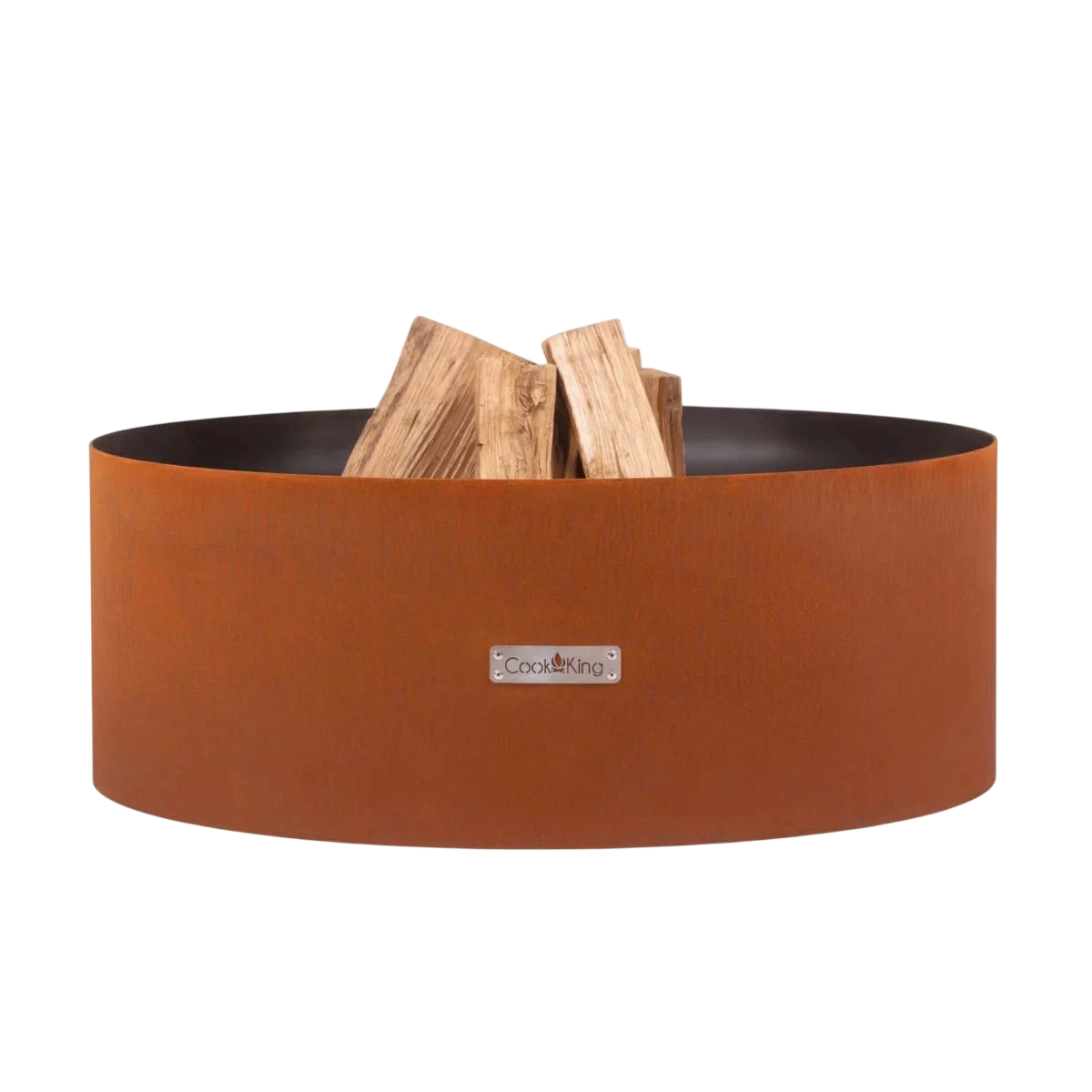 Foyer de feu de couleur terracotta avec des bûches en bois à l’intérieur, arborant un design moderne épuré et le logo ’cox & cox’.