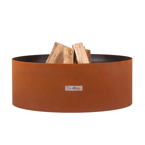 Foyer de feu de couleur terracotta avec des bûches en bois à l’intérieur, arborant un design moderne épuré et le logo ’cox & cox’.