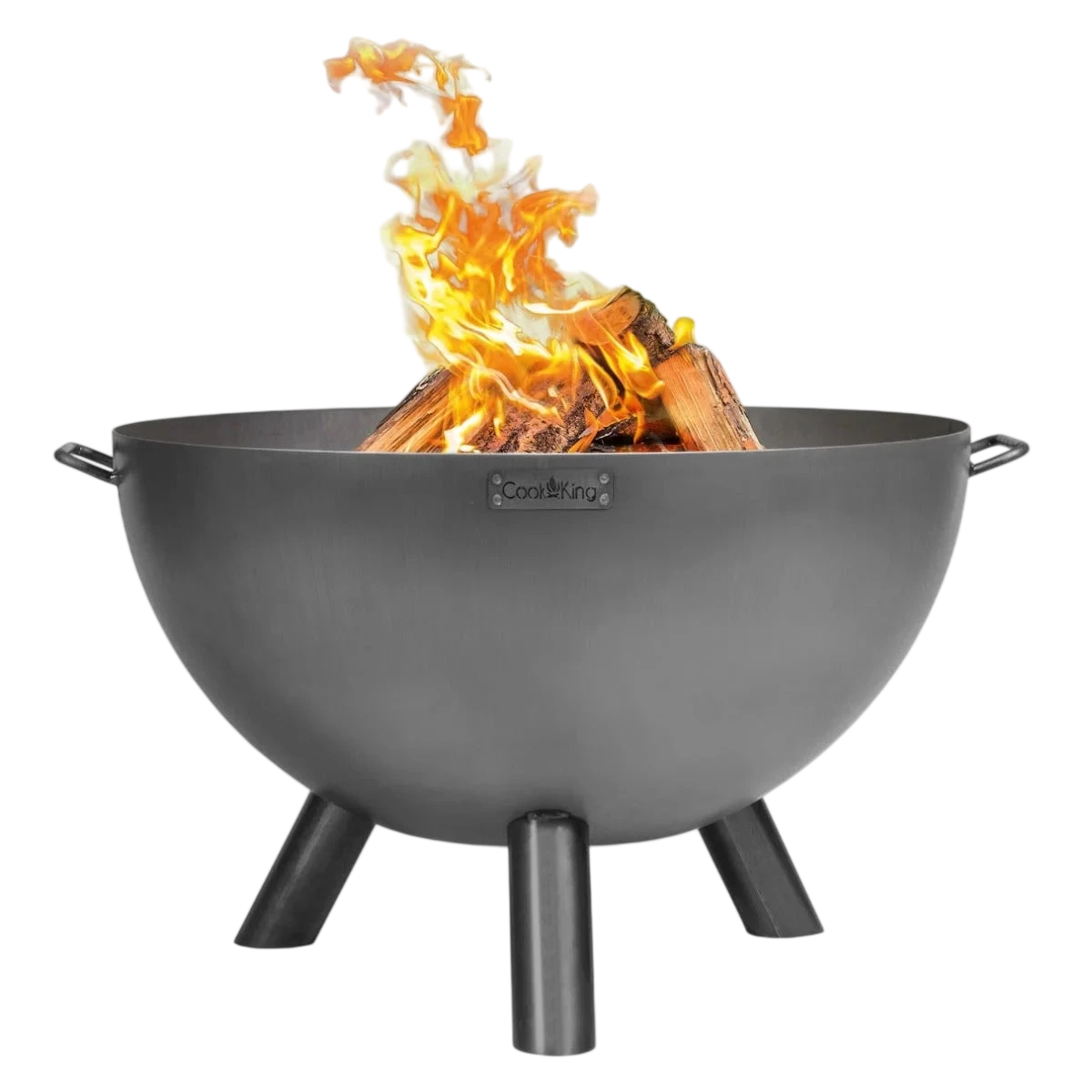 Foyer de feu de couleur charbon avec des pieds trépied et des poignées, conçu pour un usage extérieur.