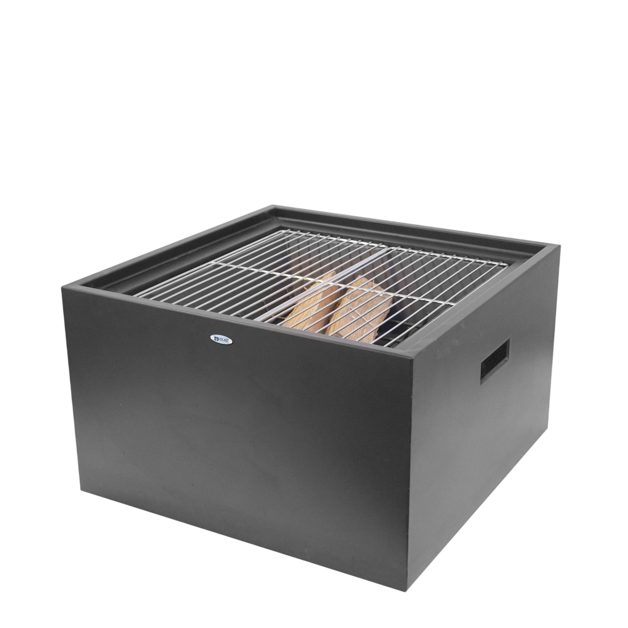 Boîte de gril de couleur charbon avec grille en métal et poignée, probablement de Weber.