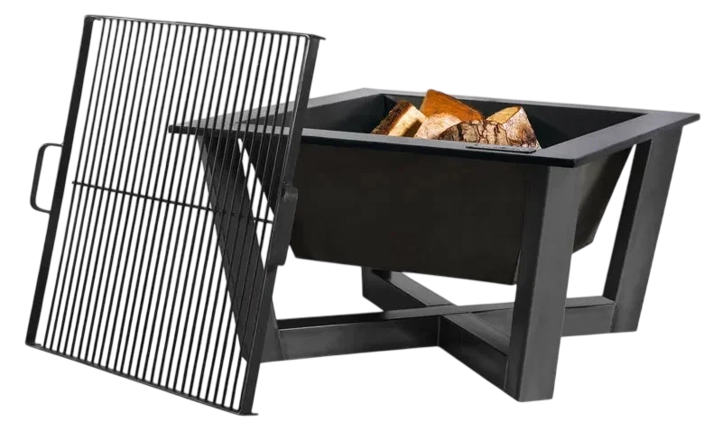 Foyer de feu en métal noir avec grille et poignées pour usage extérieur.