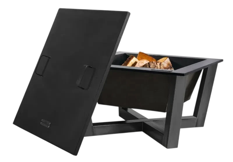 Foyer de feu noir avec couvercle à charnière et cadre en métal, conçu pour un usage extérieur.