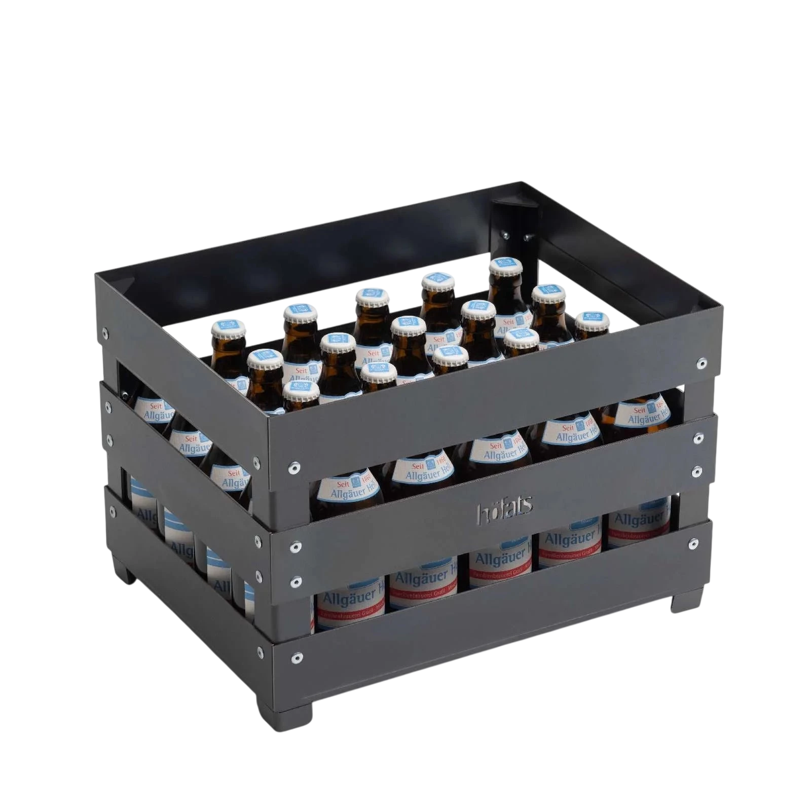 Caisse métallique gris foncé de 24 bouteilles avec étiquettes rouges et blanches.