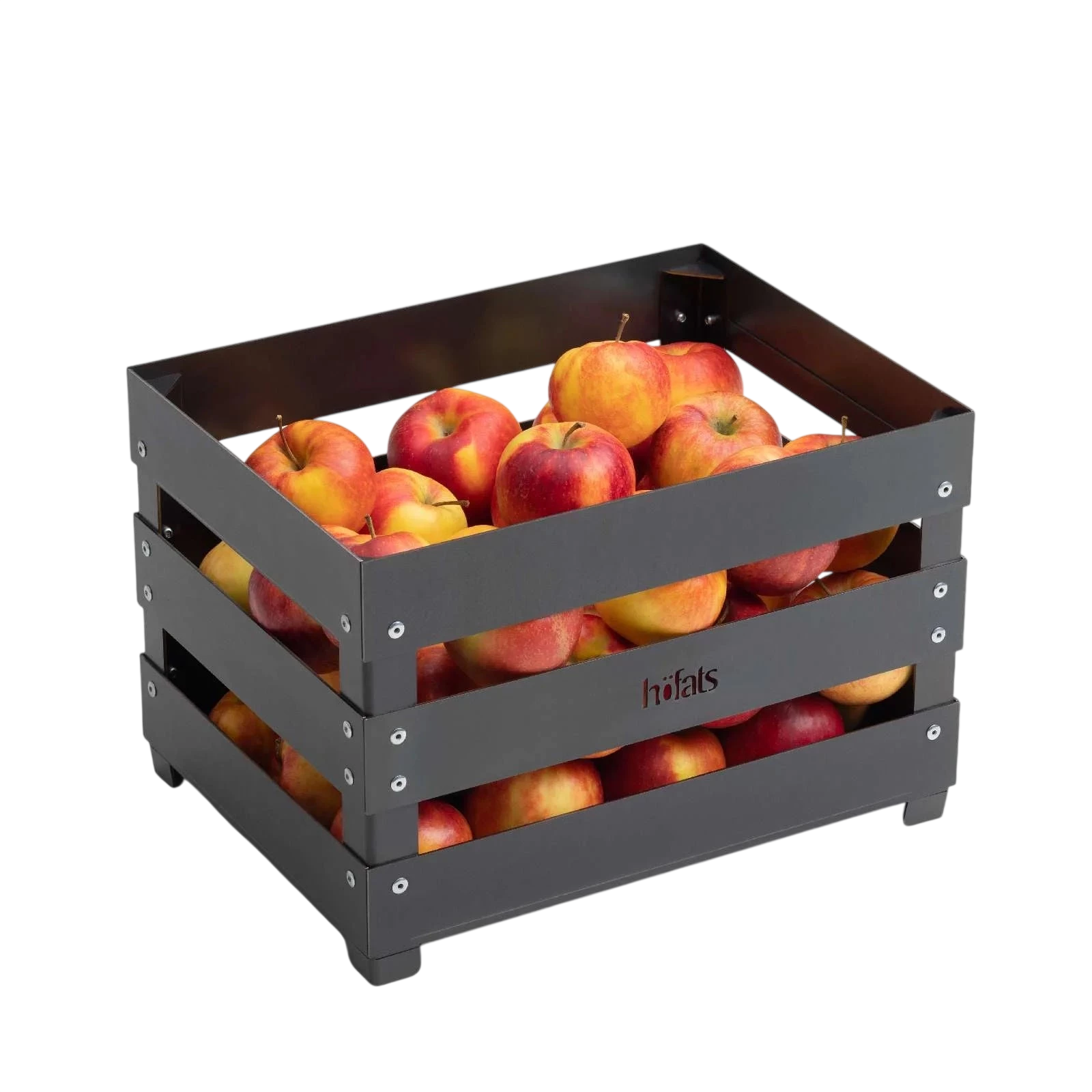 Caisse en bois gris anthracite remplie de pommes rouges et jaunes, marquée ’holufs’ sur le devant.
