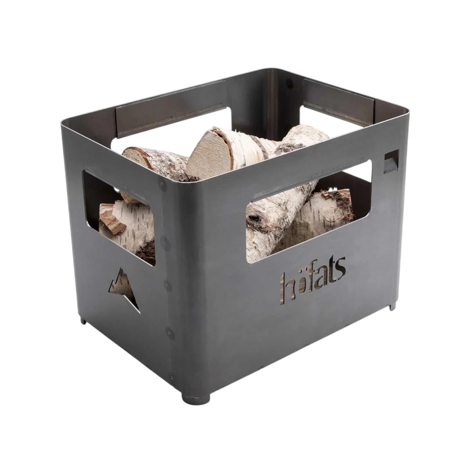Boîte de rangement à bûches en métal gris avec découpes pour un accès facile aux bûches, arborant le nom de marque « hüfats » en lettres grasses.