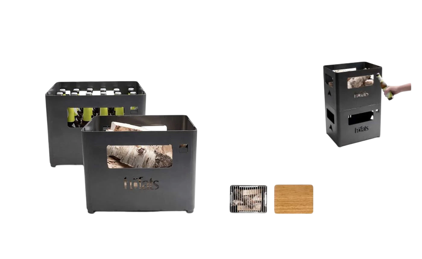 Caisse à bière en métal noir avec fenêtre en plastique transparent et capsules de bouteilles vertes à l’intérieur.