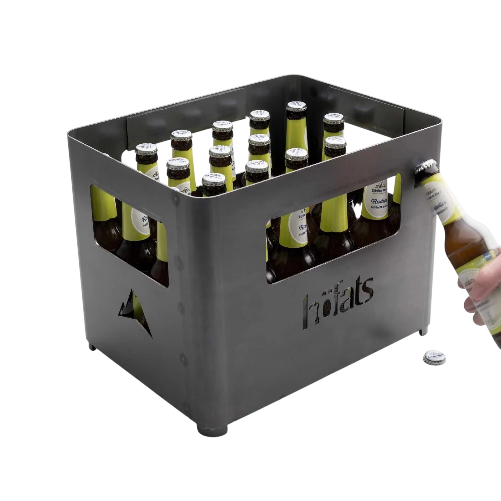 Caisse de bière de 24 bouteilles avec accents noir et argent, conçue pour contenir des bouteilles.