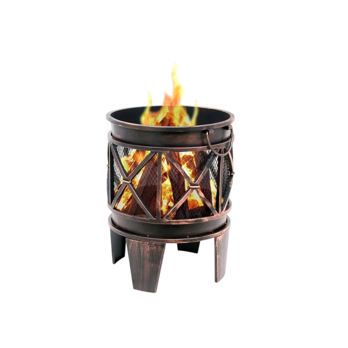Foyer de feu en cuivre antique avec design en treillis et trois pieds.