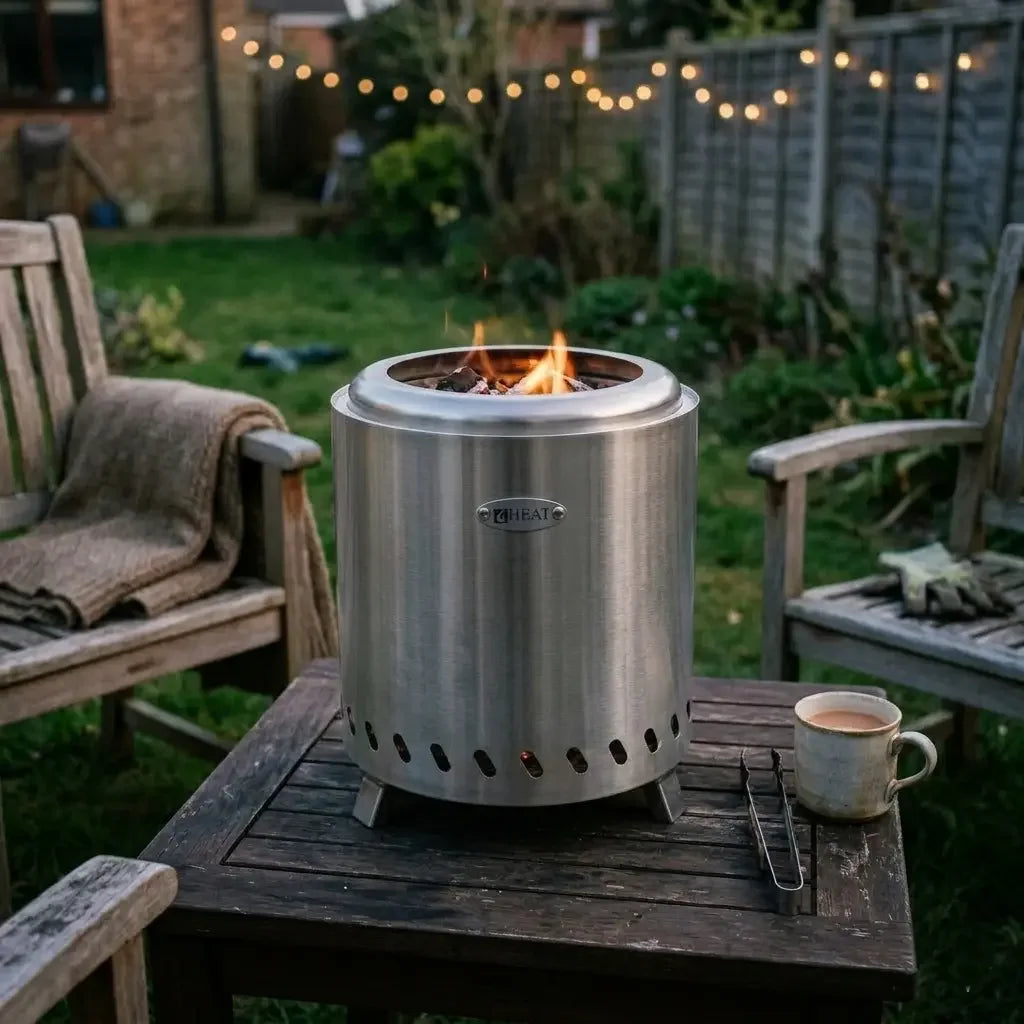 Brasero acier inox rond Ø22 cm sans fumée ROKFRI M, vue moderne cylindrique