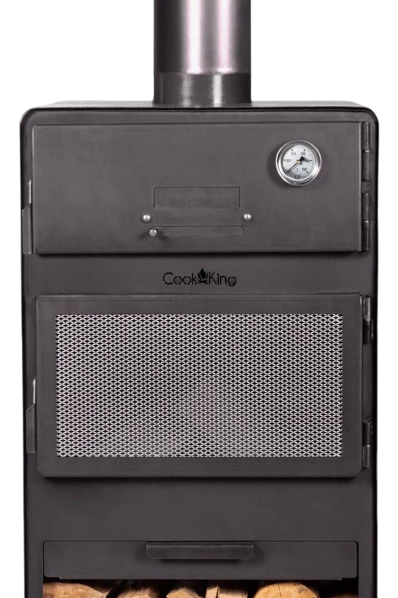 Brasero acier noir VENTO avec four à pizza et cheminée acier inox