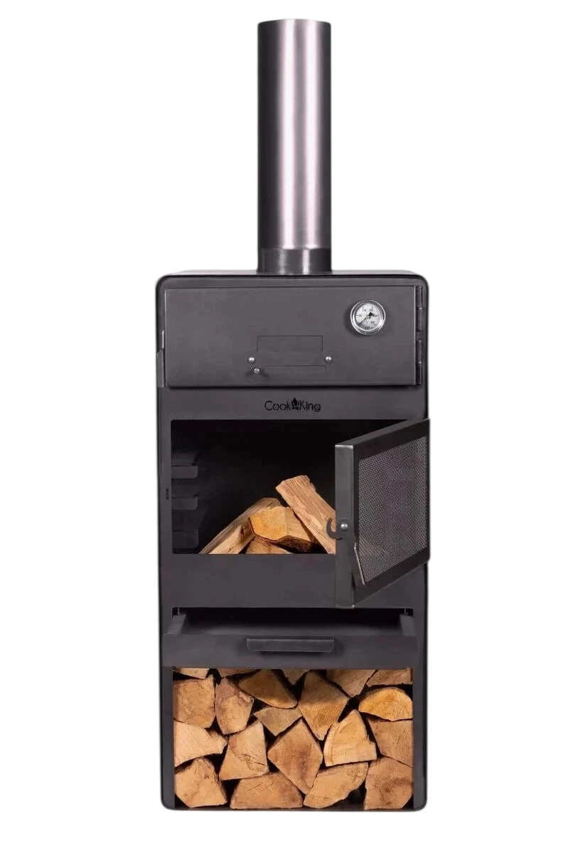 Brasero acier noir VENTO avec four à pizza 50x50 cm et cheminée inox