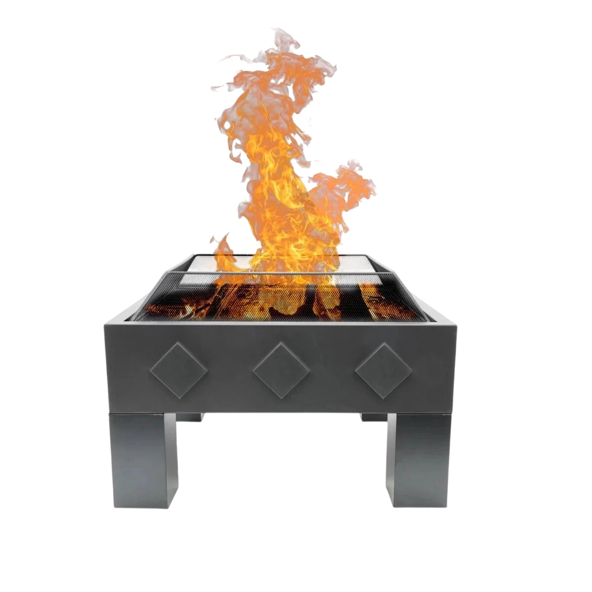 Foyer de feu carré noir avec découpes en forme de diamant sur les pieds, flammes orange