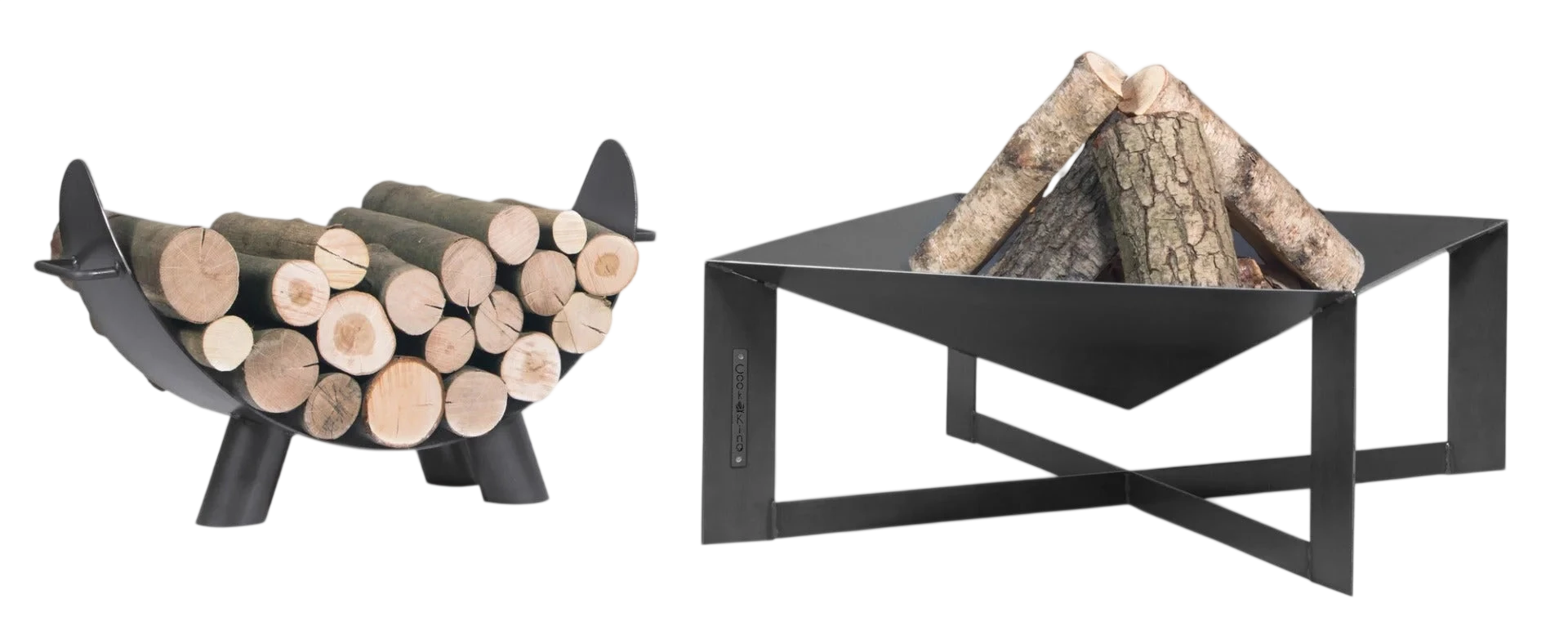 Porte-bûches en métal noir en forme de cochon avec des bûches à l’intérieur, design moderne.