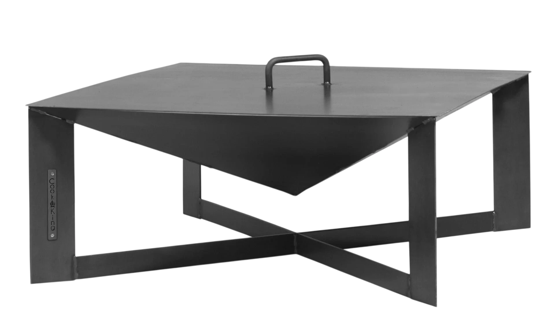 Table basse moderne noire avec pieds en métal et une poignée centrale.
