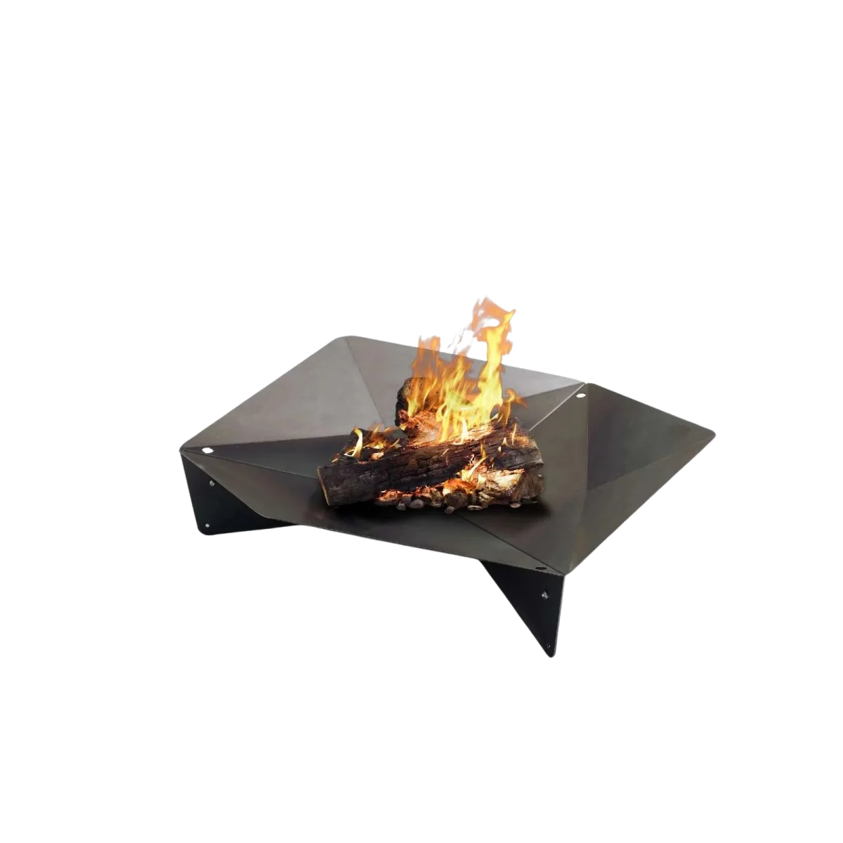 Foyer d’incendie en forme d’étoile noire avec cadre métallique et dessus en verre, conçu pour un usage extérieur.