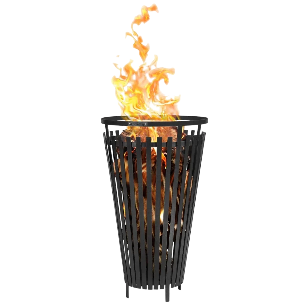 Foyer de feu en métal noir avec lattes verticales et flammes