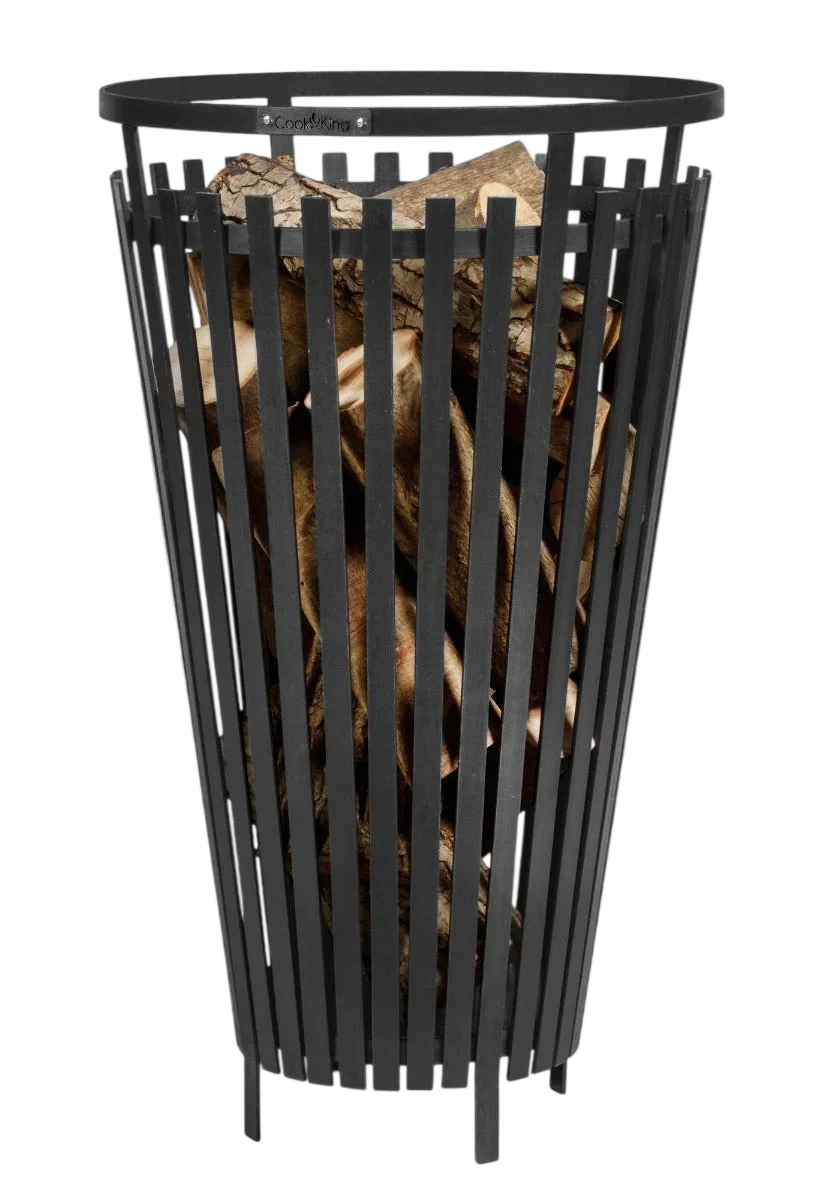 Porte-bûches en bois à lattes noires avec un haut courbé et des pieds en métal.