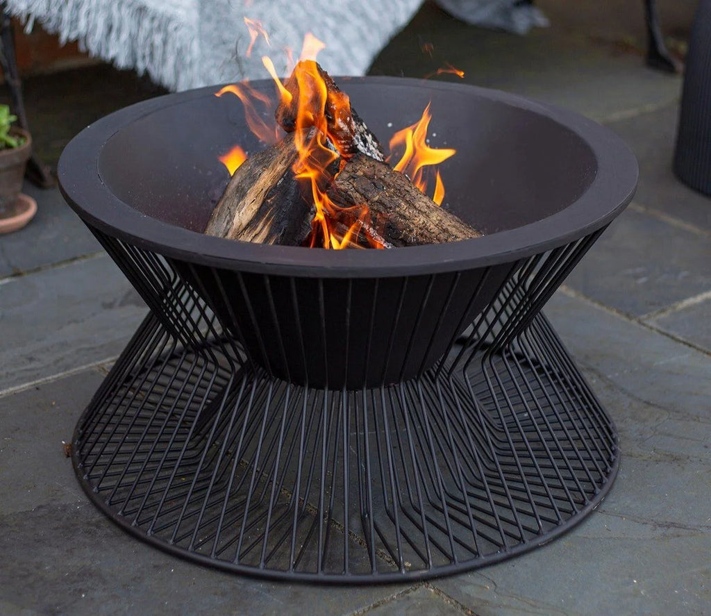 Brasero acier noir Ø60 cm design sablier MILAN avec feu et bûches