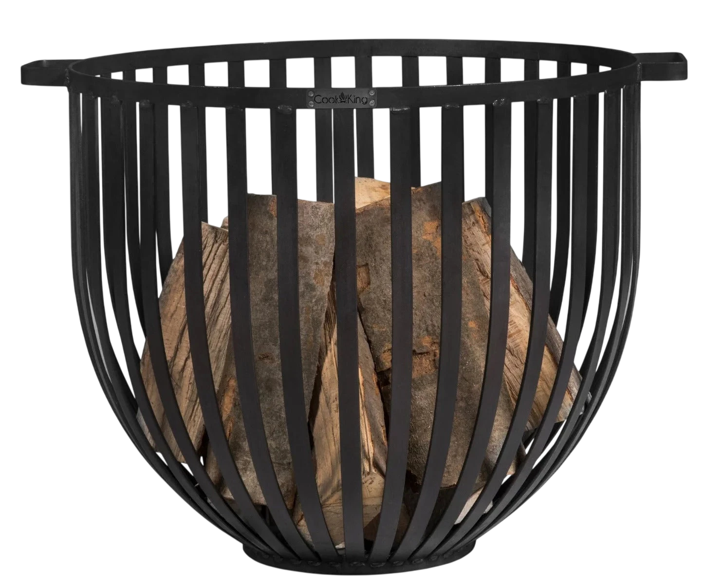 Panier à bûches en fil de fer noir avec poignées courbées et lattes verticales pour le rangement.