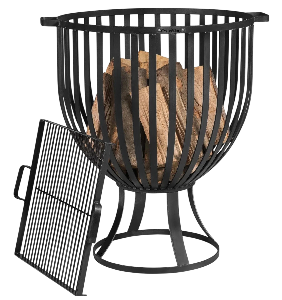 Foyer de feu en métal noir avec grille et poignées pour usage extérieur.