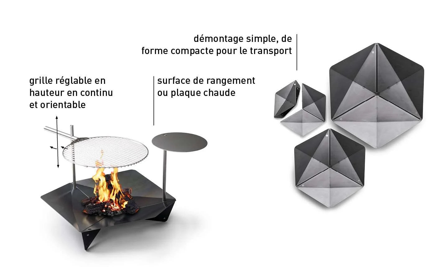 Foyer de feu hexagonal noir moderne avec dessus en verre réglable et grille orientable.