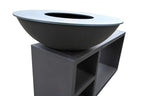 Bol de foyer de feu moderne noir mat avec un design circulaire élégant et un support en béton gris intégré.