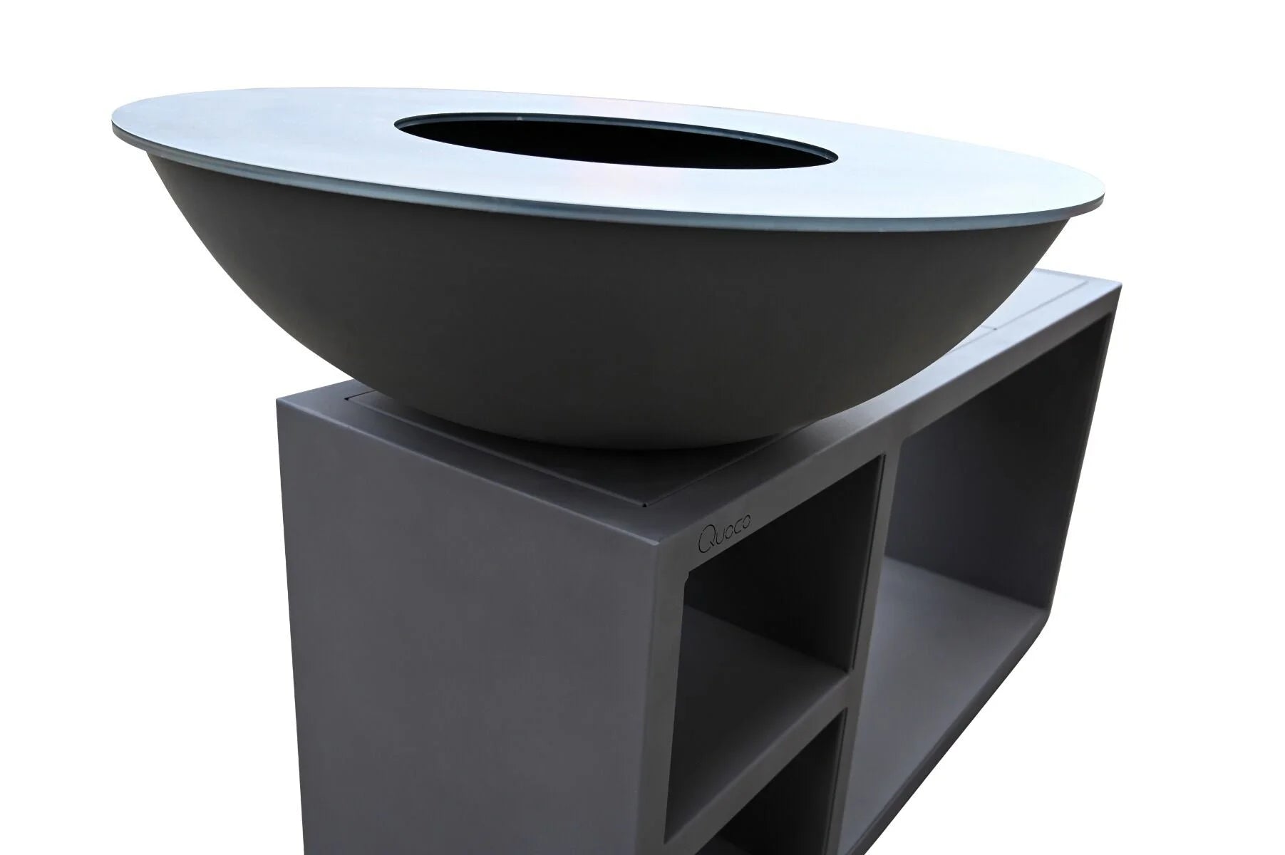 Bol de foyer de feu moderne noir mat avec un design circulaire élégant et un support en béton gris intégré.