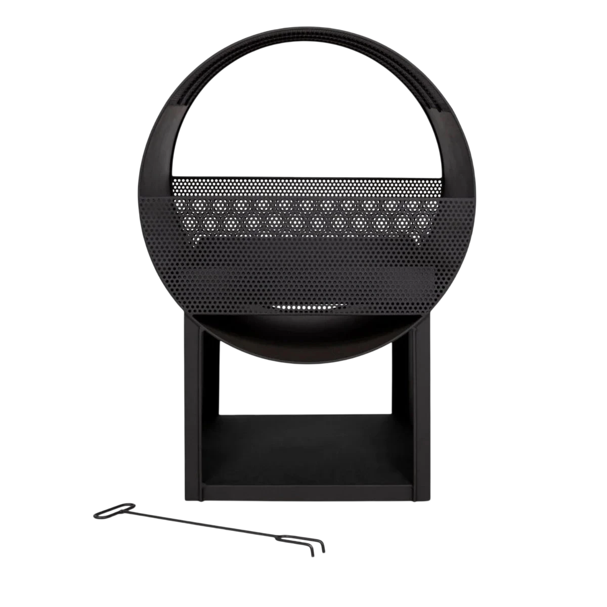 Foyer de feu en métal circulaire noir avec design en maille perforée et un support assorti