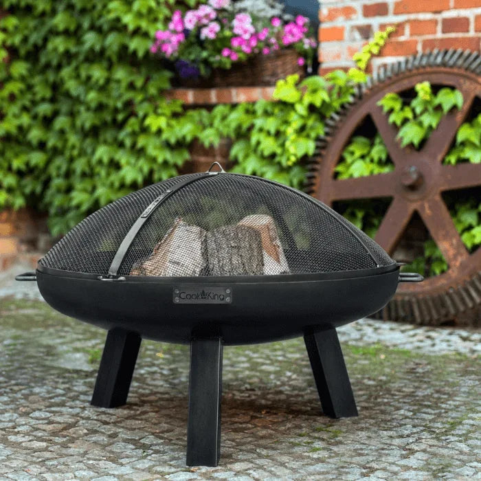 Foyer de feu noir avec écran en maille et pieds, marque gardenking.