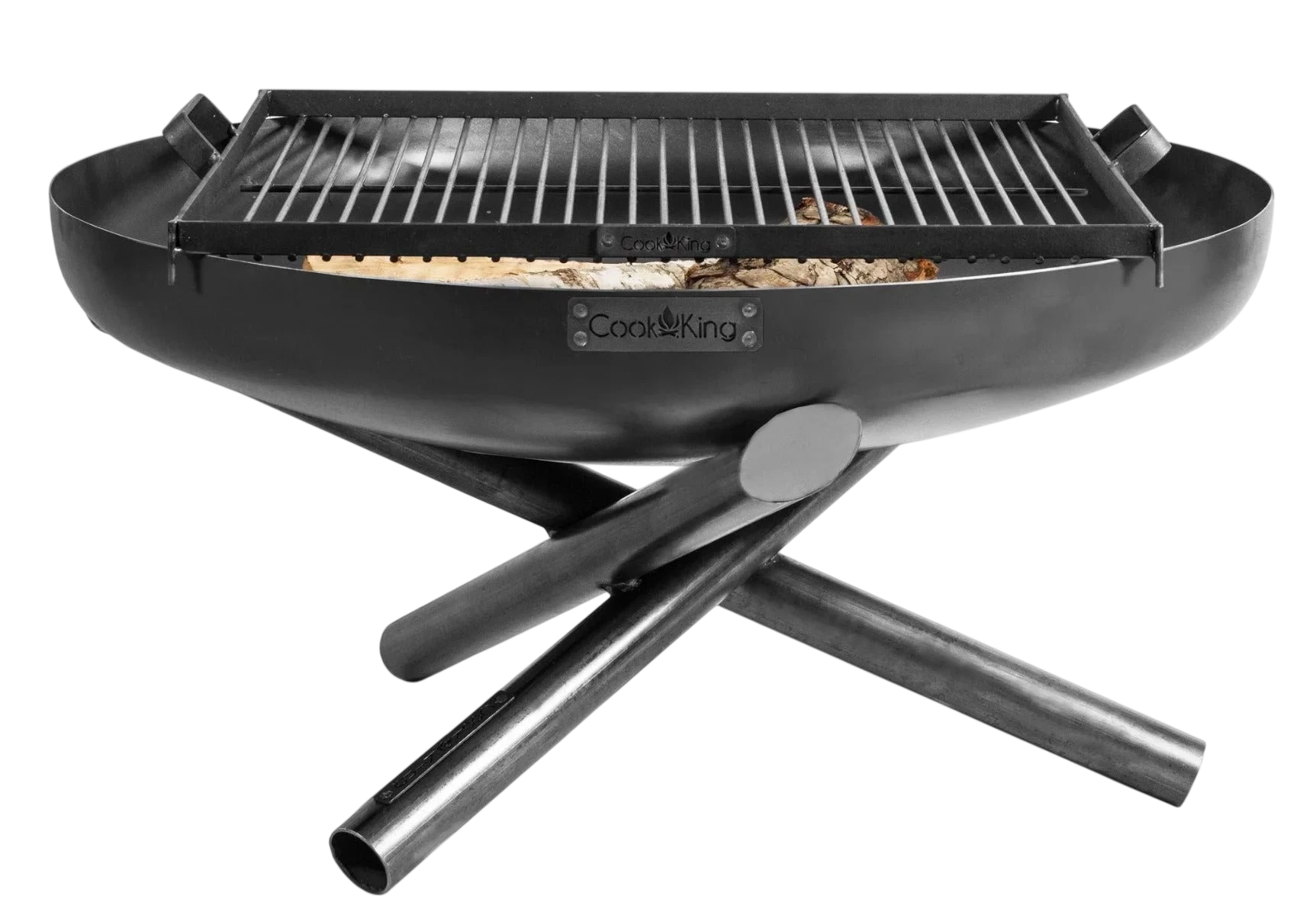 Barbecue portable au charbon noir bon roi avec pieds en forme de X et bac à cendres.