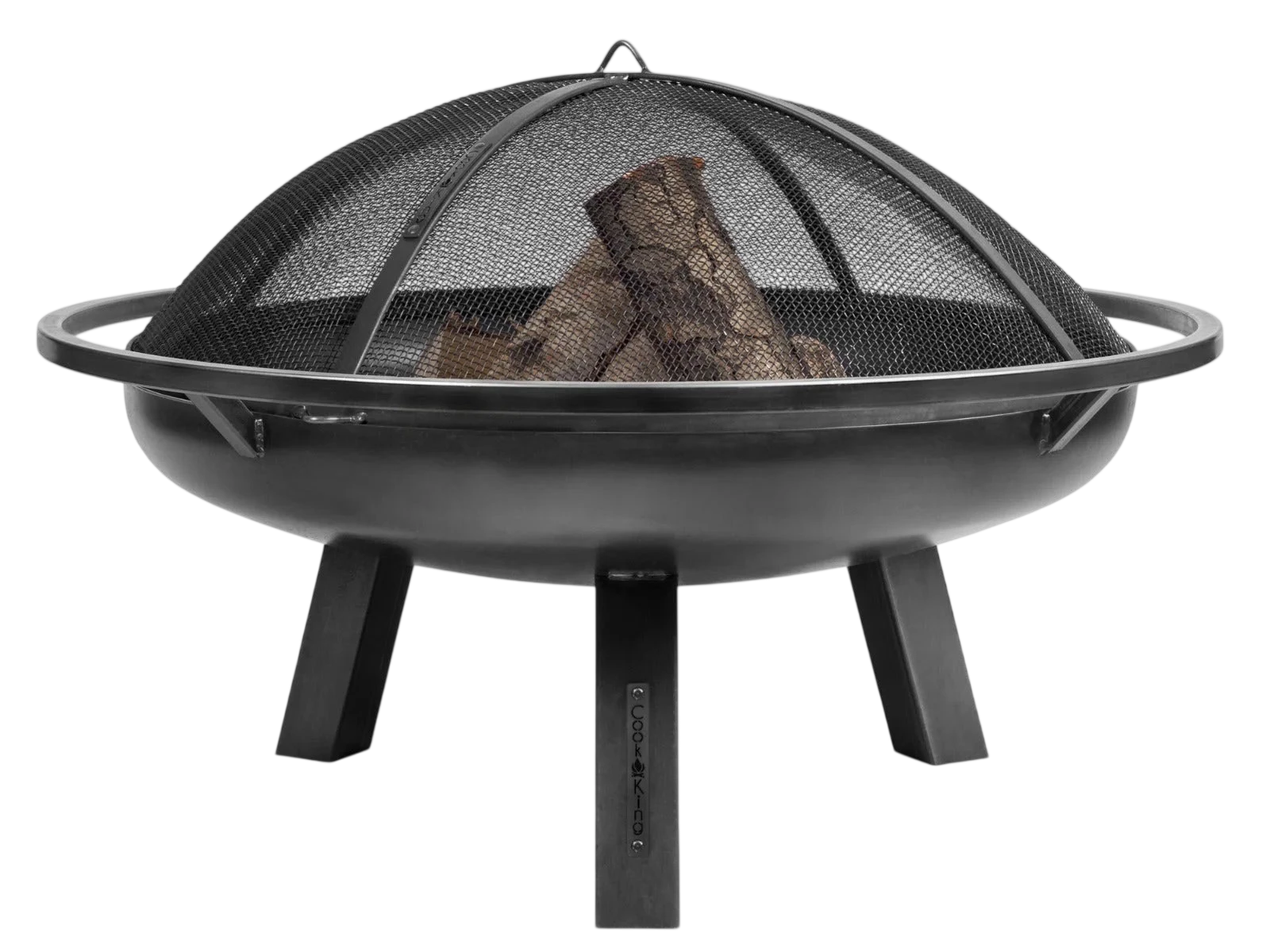 Foyer d’incendie noir avec couvercle en filet métallique et pieds, conçu pour un usage extérieur.