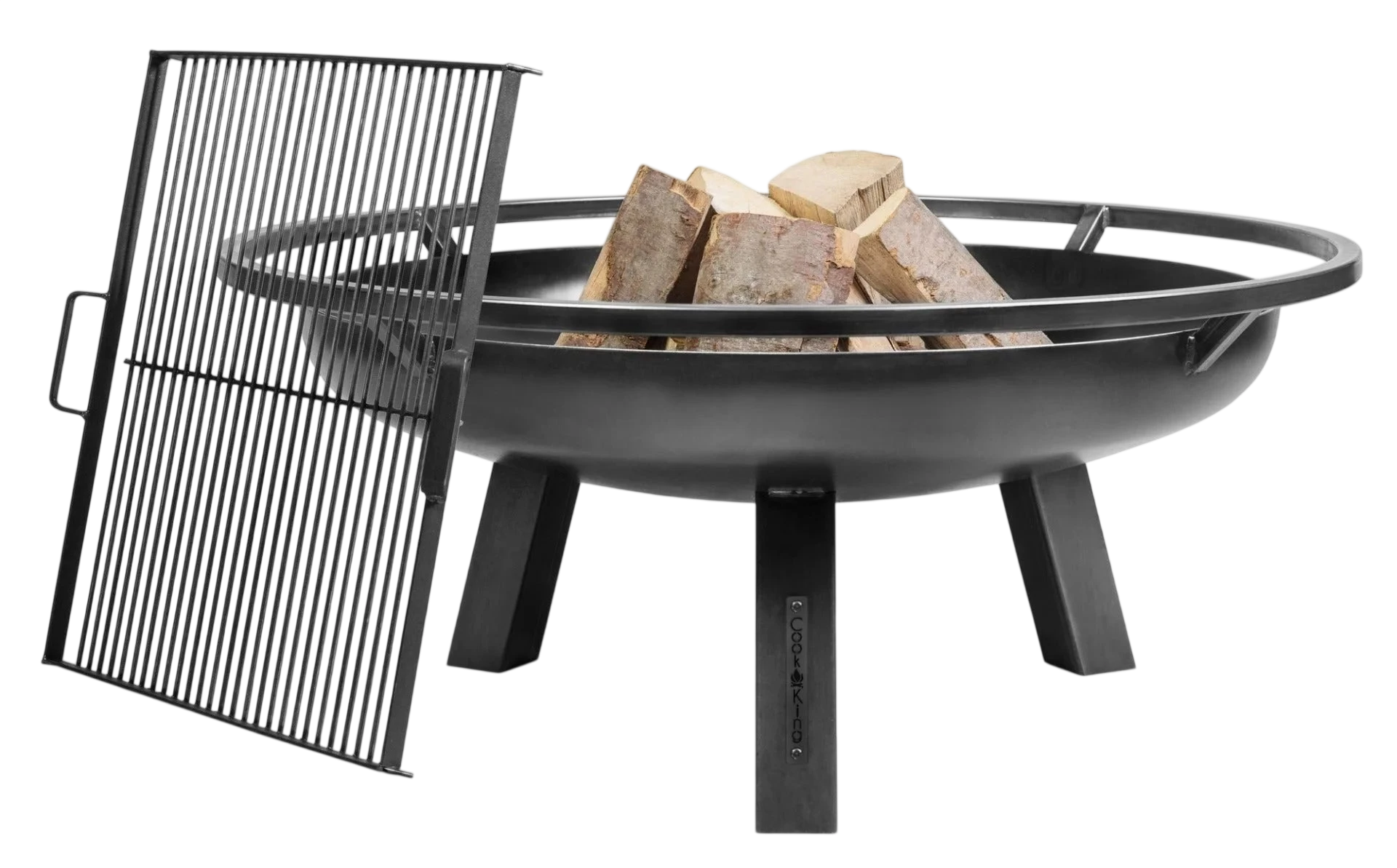 Foyer de feu en métal noir avec grille et pieds