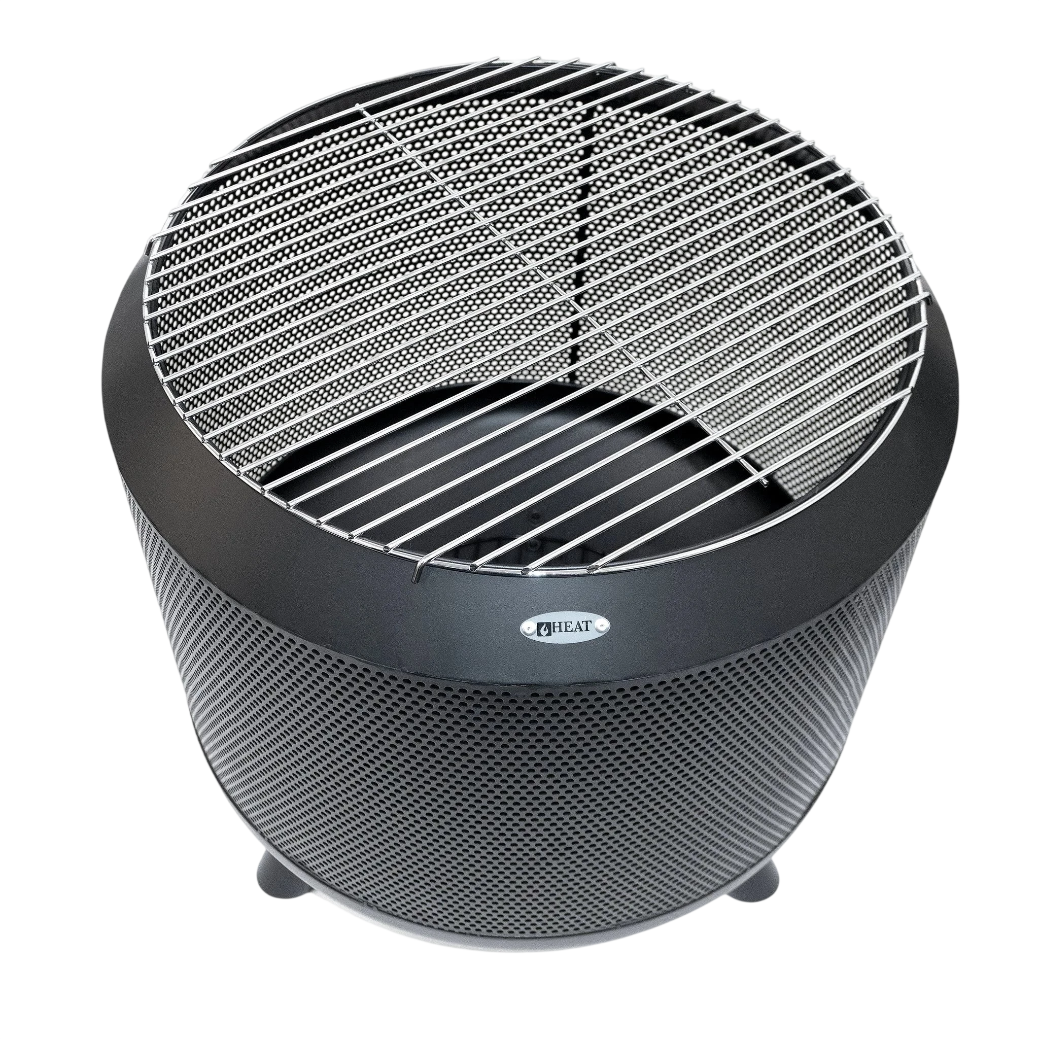Purificateur d’air noir rond avec design de grille en maille et pieds.
