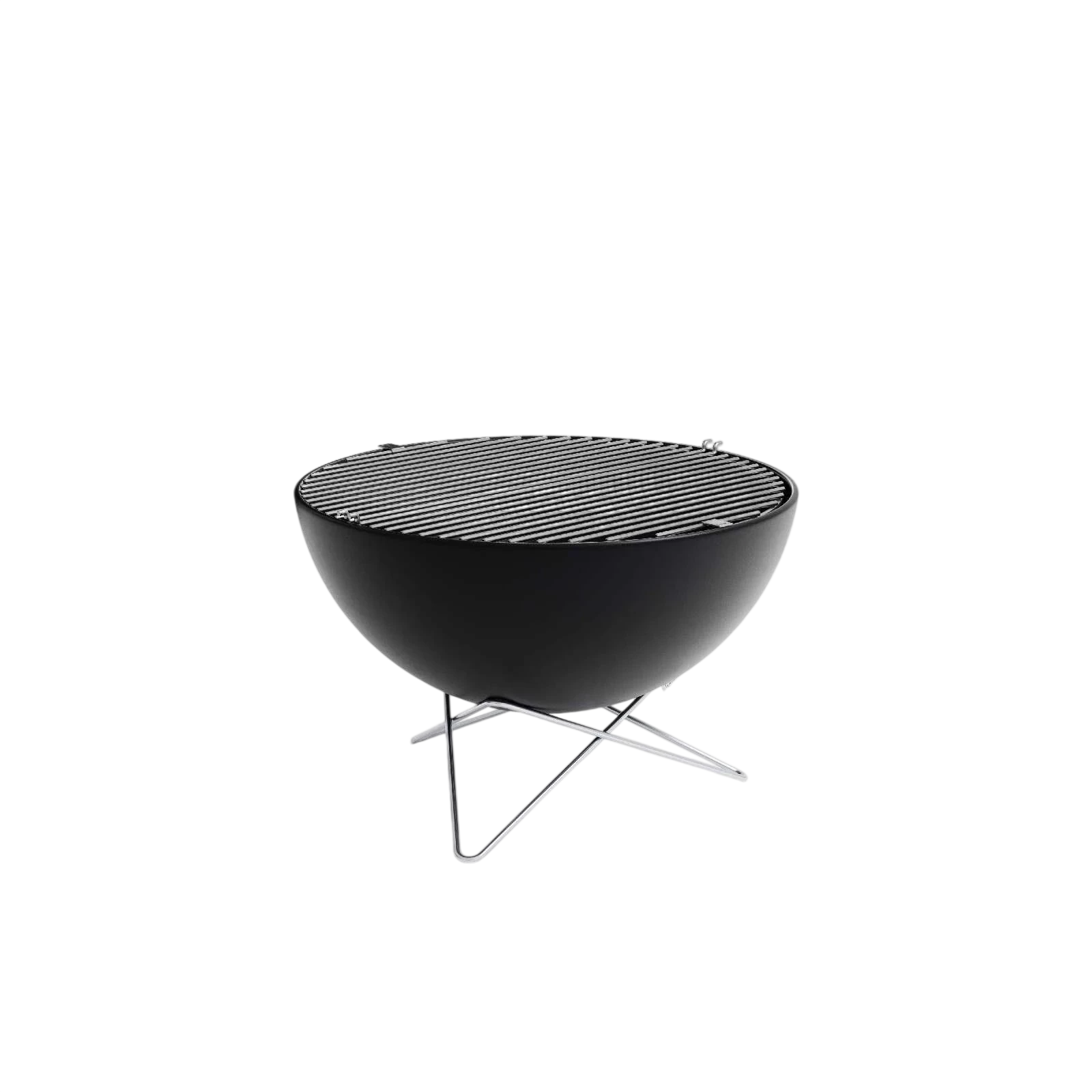 Barbecue grill rond noir avec pieds en métal et gril supérieur, conçu par Weber.