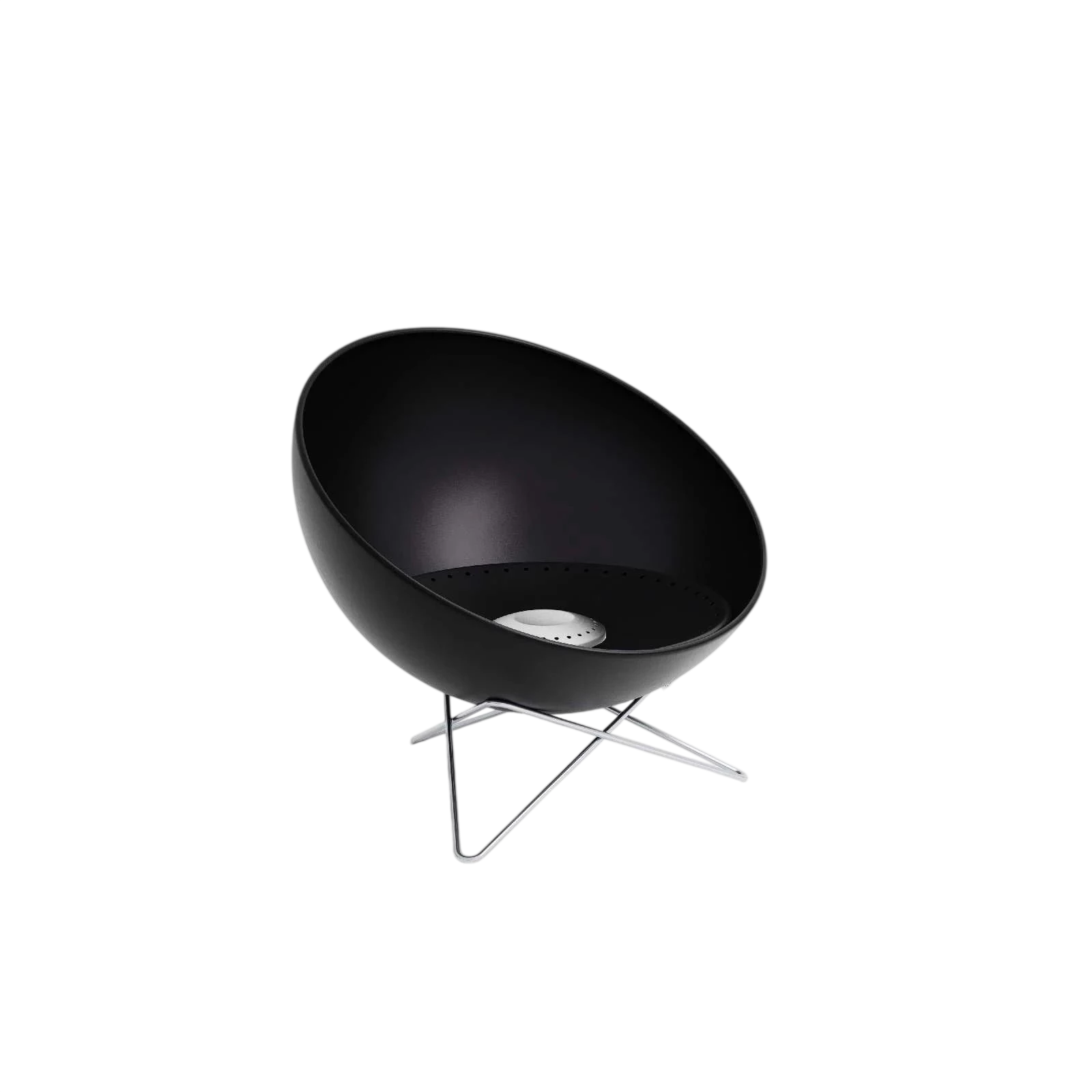 Fauteuil bol noir avec pieds chromés, design moderne.