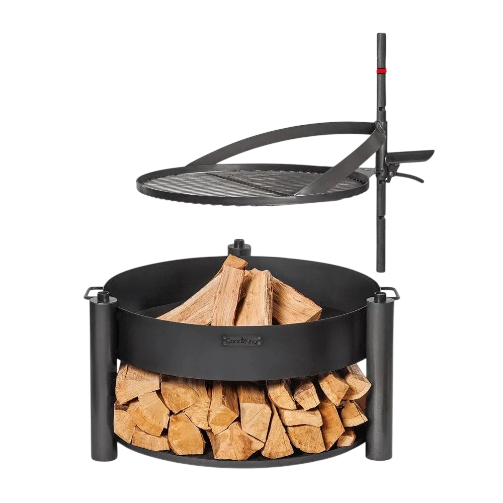 Foyer de feu noir avec dessus grill et poteau à hauteur réglable, capacité de rotation à 160 degrés.