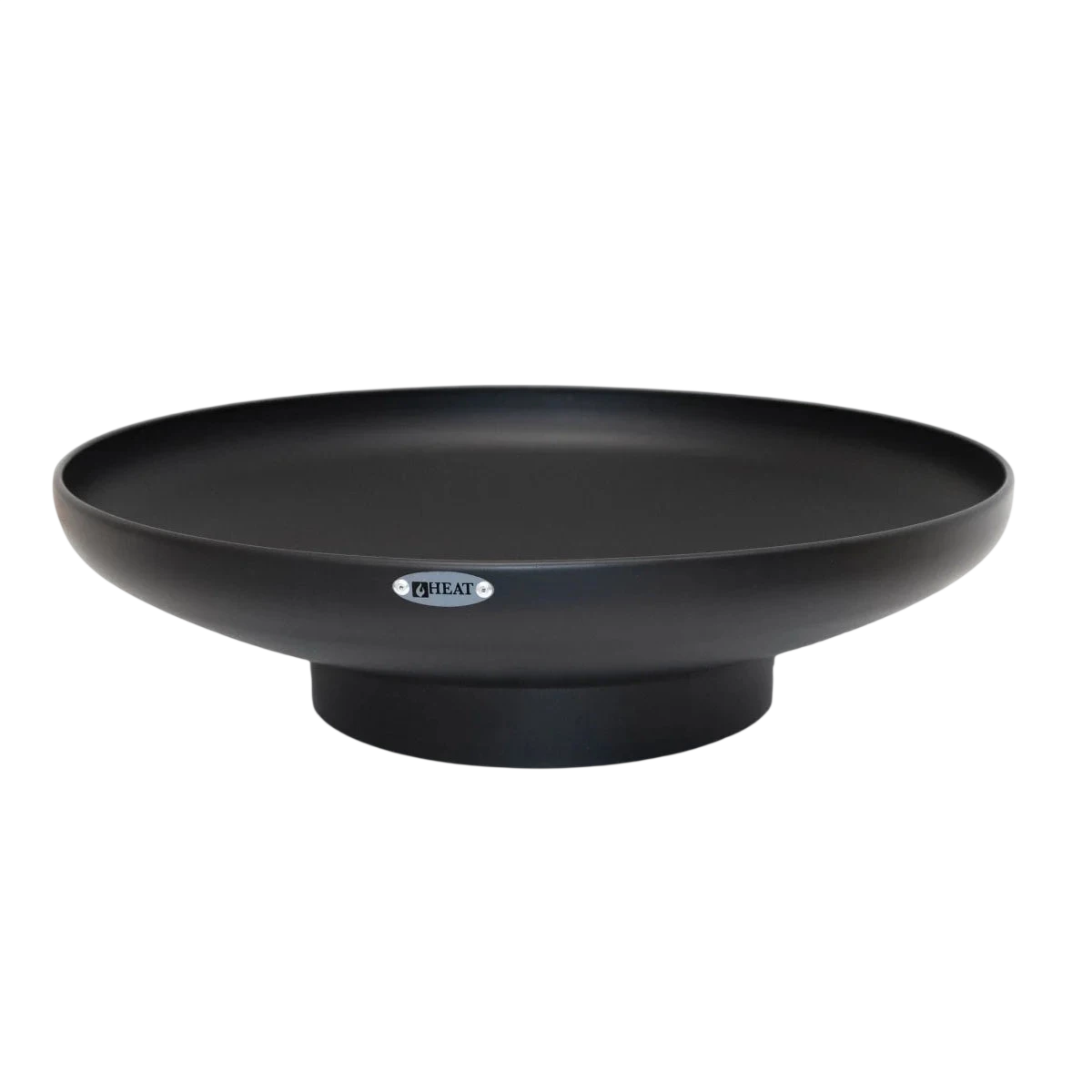 Cache-pot sur piédestal mat noir avec un design de bol large et peu profond et une base circulaire.